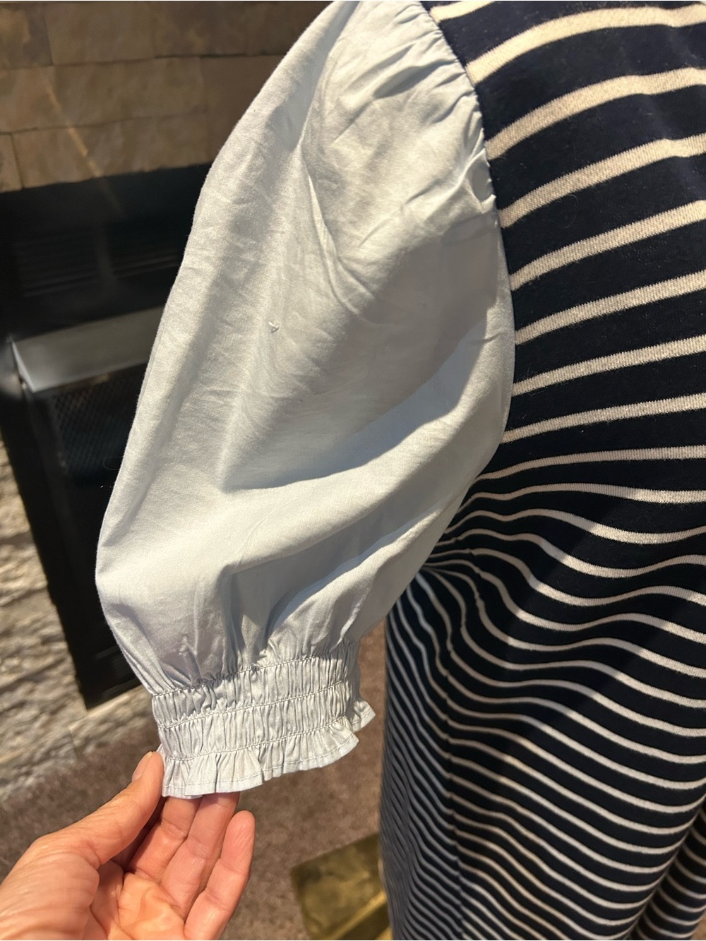 Striped Navy & White Shift Dress with Light Blue Trim - Picture 4 of 6